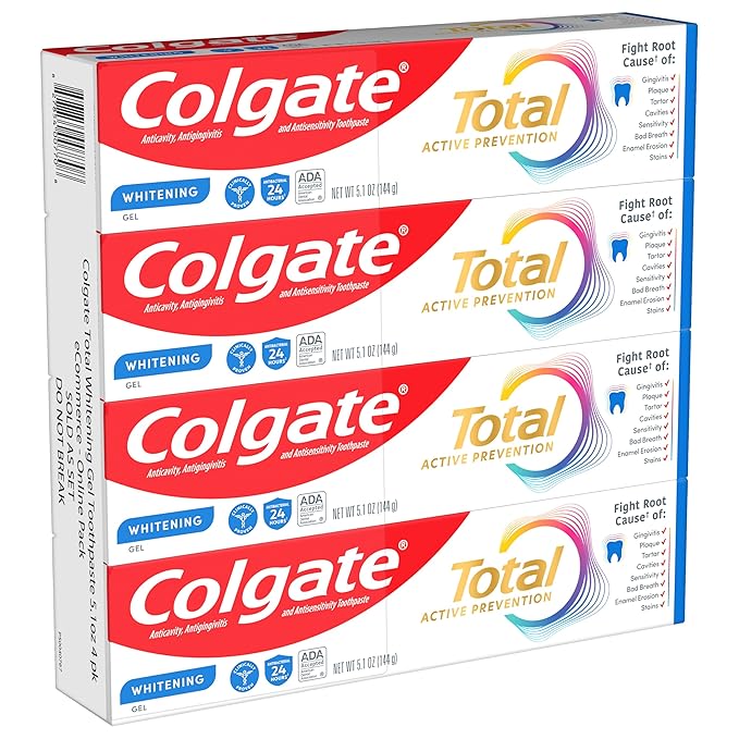 Colgate Total Active Prevention Whitening Gel Toothpaste with Fluoride, Bulk with Clinically Proven Formula That Fights Plaque Bacteria, Mint, 4 Pack, 5.1 oz