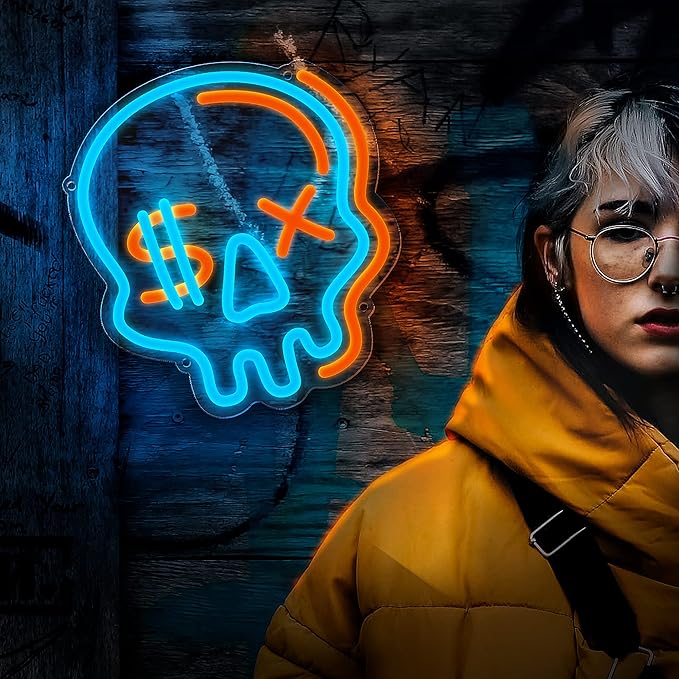 Eufrozy Halloween Neon Sign for Boys Room, Cool Skull Led Signs Kids Bedroom Decor, 6 Dimmable USB Powered Led Lights for Teenage Gamer Wall Decor Man Cave Gifts Blue Skeleton Decorations