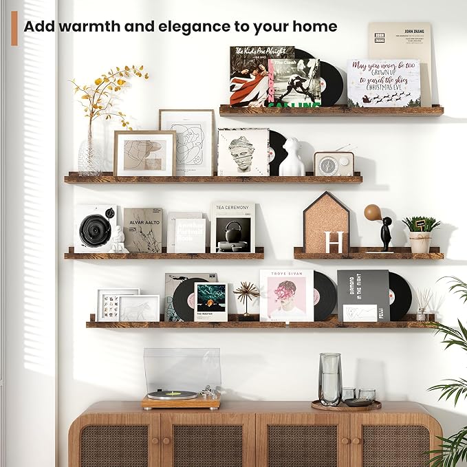 Fun Memories Picture Ledge Shelves Set of 2, 32 Inch Rustic Wall Mounted Floating Shelves with Lip for Home Storage and Décor in Bathroom, Kitchen, Nursery, Bedroom, Living Room, Brown