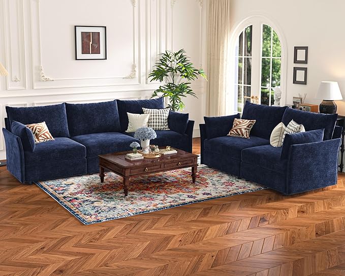 102.6" Luxury Modular Sleeper Sofa Bed 6 Seat Reversible Sectional Couch Deep Seat with Storage Chaises Removable Cover for Living Room, Apartment - Chenille Blue