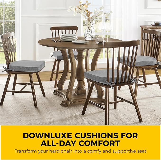 downluxe Indoor Chair Cushions for Dining Chairs, Soft and Comfortable Textured Foam Kitchen Chair Pads with Ties and Non-Slip Backing, 16" x 16" x 2", Dark Grey, 2 Pack