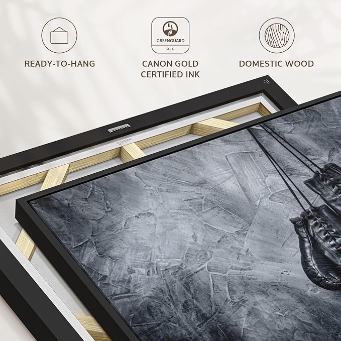 ElephantStock Boxing Gloves Wall Art - Horizontal Framed Canvas - 1-Piece Living Room Wall Decor - Photography Sports Canvas Print - Black and Gray Decor for Wall - 13" X 9"