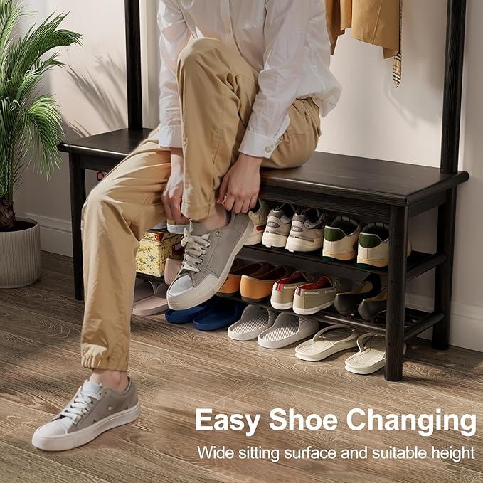 Coat Rack with Shoe Storage, Wooden Hall Tree with Bench, 11 Hooks and 2-Tier Storage Shelves, 3-in-1, Entryway Bench with Coat Rack (39.3"-Black)