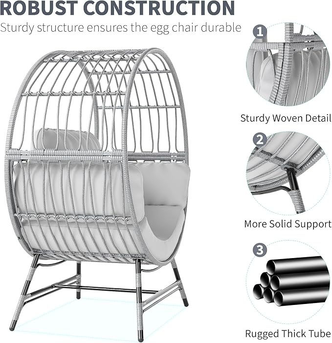 Egg Chair Outdoor Indoor, Oversized Rattan Chair with Thicken Cushion, 350LBS Capacity Wicker Patio Lounge Chair, Basket Chair for Living Room Balcony Porch Backyard, Grey/Light Grey