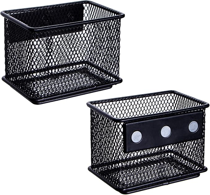dedoot 2 Pack Magnetic Pen Holder, 3.45x2.3x2.6 Inch Magnetic Basket Locker Organizer Metal Mesh Pencil Memo Holder for Whiteboard, Fridge, Desk, Offices