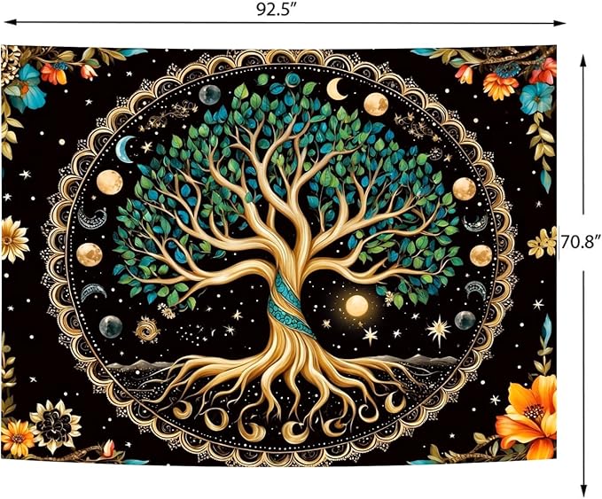 Delur Tree of Life Tapestry Moon Phase Nature Flower Plant Tapestry Wall Hanging Boho Mandala Spiritual Sun Aesthetic Psychedelic Headboard for Bedroom Living Room Home Decor (70.8" x 92.5")