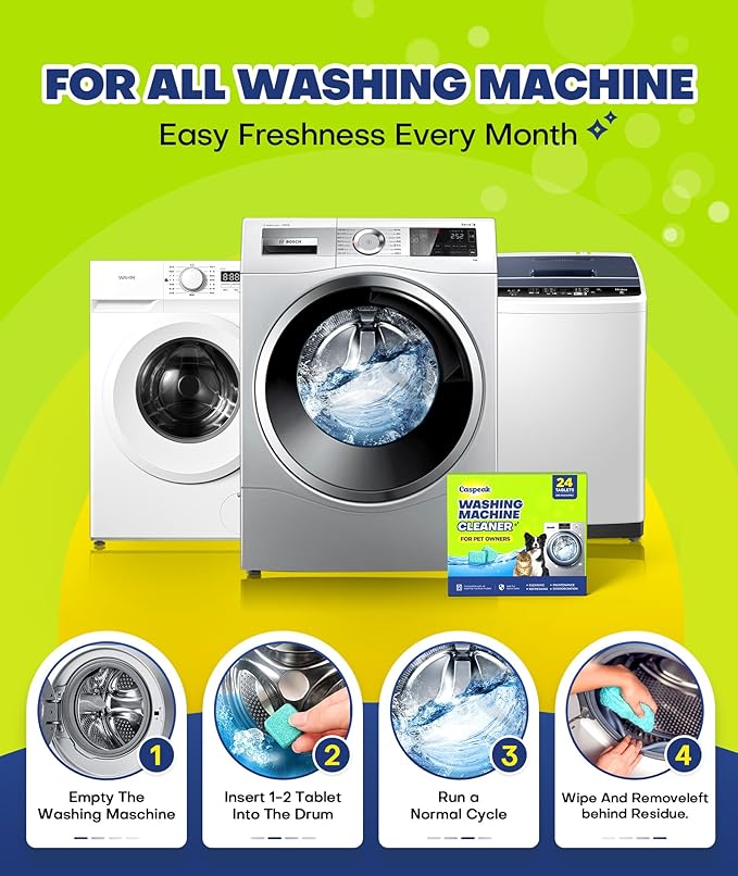 Deep Cleaning Washing Machine Cleaner Tablets, No More Odor & Pet Fur Washing Machine Cleaning Tablets, Washer Cleaner For HE Top Front Load, Septic Safe, 24 Counts/1 Year Supply