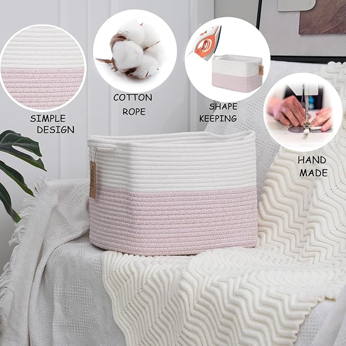 COMFY-HOMI 3PACK Cotton Rope Square baske with Handles for Shelves|Dog Toy baske Bin and Storage|Baby baske for Gift|Shoe baske for Organizing|13.5" x 11" x 9.5" for Living Room(White/Pink)