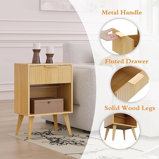 Fluted Night Stand with Opening Storage,Mid Century Bedside Table with Drawer,Wood Nightstand with Solid Wood Legs,End Table Side Table for Living Room,Bedroom,Natural CTG56Y
