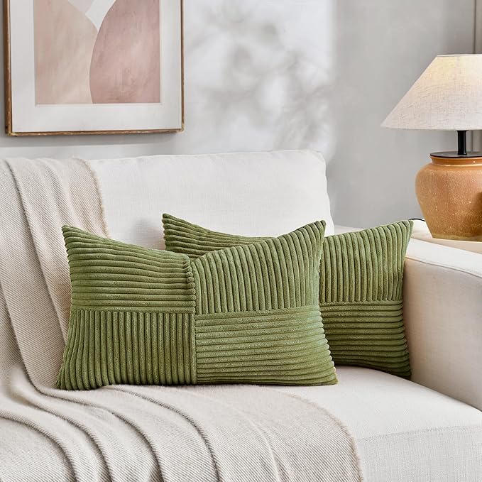 Fancy Homi 2 Packs Moss Green Long Lumbar Decorative Throw Pillow Covers 12x24 Inch for Couch Bed Sofa, Rustic Farmhouse Boho Home Decor, Soft Striped Corduroy Rectangle Accent Cushion Case 30x60 cm