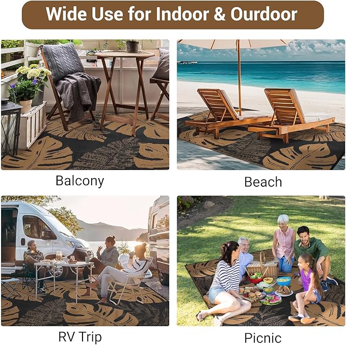 GAOMON Outdoor Rug Waterproof 9x12 Outdoor Plastic Straw Rug for Patio, Reversible Modern Camping Mat with Bag & Stakes, UV Resistant & Easy to Clean Carpet for RV, Deck, Balcony, Porch, Brown