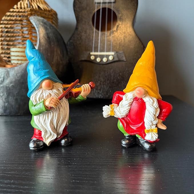 Garden Gnome Duo Decorative Figurines 5.5“ Ornament for Indoor Outdoor Home Garden Decor,Musical Violin Player and Dancing, Colorful Outdoor Statues, Set of 2