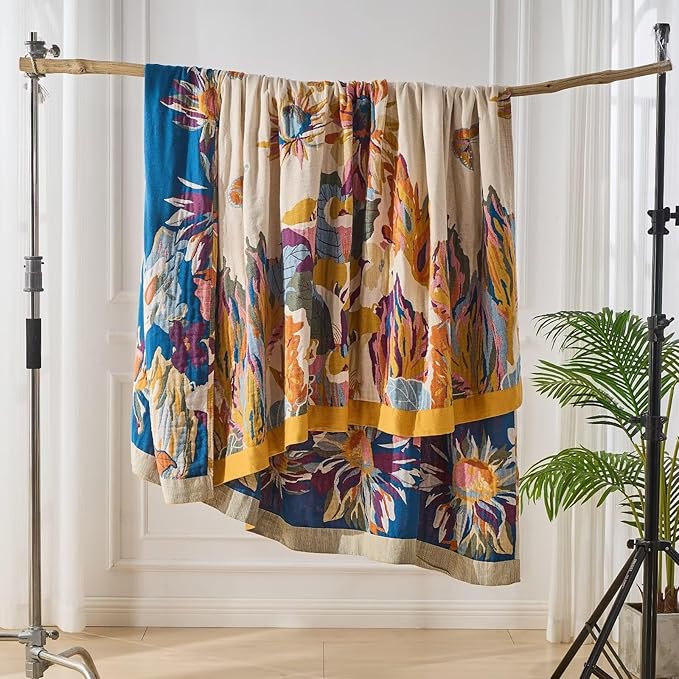 100% Muslin Throw Blanket for Couch, Butterfly and Floral Double Embroidery Summer Throw Blanket 60"x80" for Bed, Chair, Woven Cotton Reversible Mexican Blanket