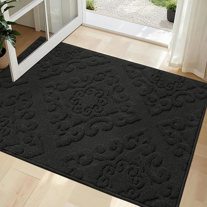 COSY HOMEER-Door-Mat-Non-Slip-Entryway-Rug 32”x48” Absorbent Welcome Mats Washable Dirt Trapper Door Mat Entrance Floor Mats for Front Back Doormats and Wet Shoes,Black