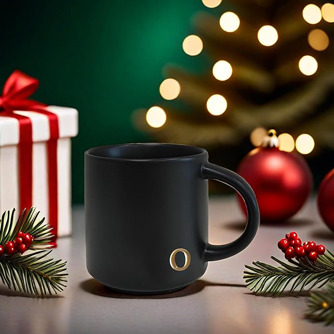 COLLECTIVE HOME - Black Monogram Ceramic Mugs, 15 oz Golden Initial Coffee Cups, Elegant Alphabet Tea Mugs, Personalized Halloween Mug with Gift Box, Perfect for Office and Home Décor (o)