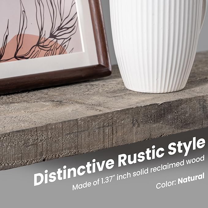 Floating Shelves | 8" Deep Rustic Reclaimed Barnwood Wall Hanging Shelves with Invisible Heavy-Duty Metal Bracket | Wall Mounted | Farmhouse Style | 36 inches, 2 PCs, Distressed Grey