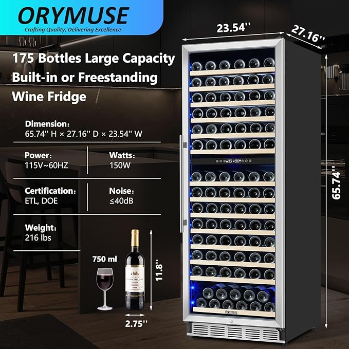 Dual Zone Wine Fridge Freestanding 175 Bottle, 24 Inch Large Capacity Built-in Wine Cooler Refrigerator with Upgraded Compressor Cooling and Intelligent Temperature Memory