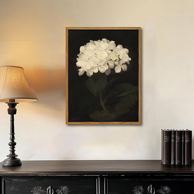 Framed Wall Art for Living Room – Vintage White Hydrangea Oil Painting Canvas Prints, Aesthetic Bedroom Wall Art, Kitchen Decor for Shelves, Bathroom Office Artwork Wall Decor – 16x24in