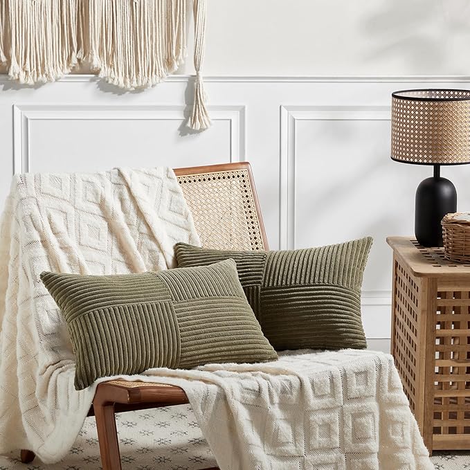 Fancy Homi 2 Packs Olive Green Lumbar Decorative Throw Pillow Covers 14x24 Inch for Couch Bed, Farmhouse Boho Home Decor, Soft Striped Corduroy Rectangle Accent Cushion Case 35x60 cm