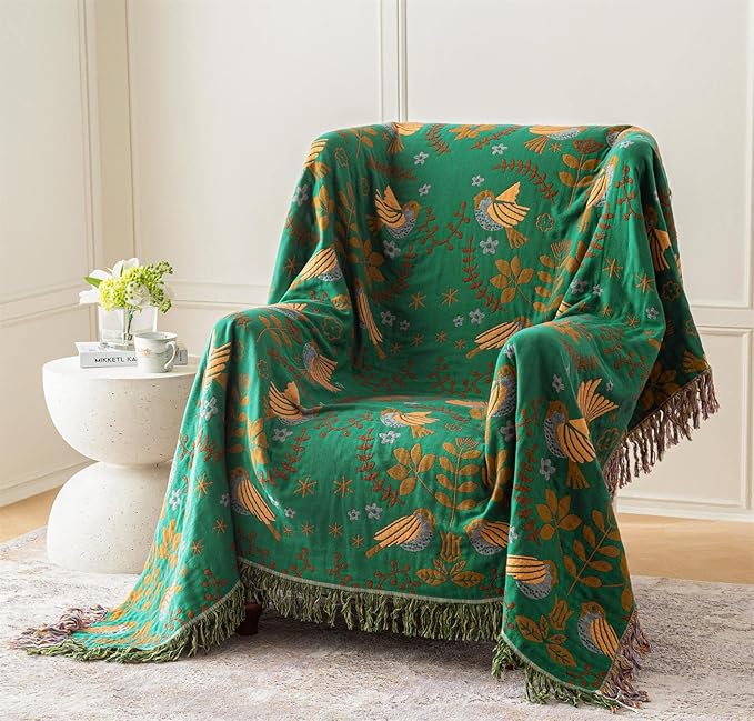Green Summer Blanket 60''x 80'' Boho Throw Blankets for Couch Bed Chair,100% Cotton Quilts Christmas Warm Soft Blanket Muslin Bed Blankets Farmhouse Decoration