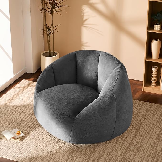 Giant Bean Bag Swivel Chair for Adults - Comfy Plush Round Shell Soft Accent Beanbag Chair, Oversized Cozy Floor Sofa Reading Chair for Living Room, Bedroom & Game Rooms, Gray