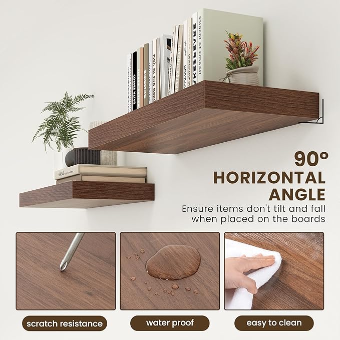 Deep Floating Shelves for Wall | 30 Inch Wide x 12 Inch Deep Floating Shelves | 30W x 12D Rustic Walnut Wide Wall Shelves | Bookshelf Laundry Shelf TV Shelf