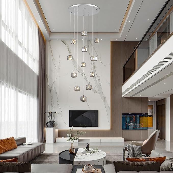 Flush Mount Chandelier,Crystal Pendant Light with 12 G9 LED Bulbs,Chandelier Hanging Flush Mount Lighting Fixtures for Spiral Staircase,Foyer,Entryway,Living Room(12 Lights,3000K)