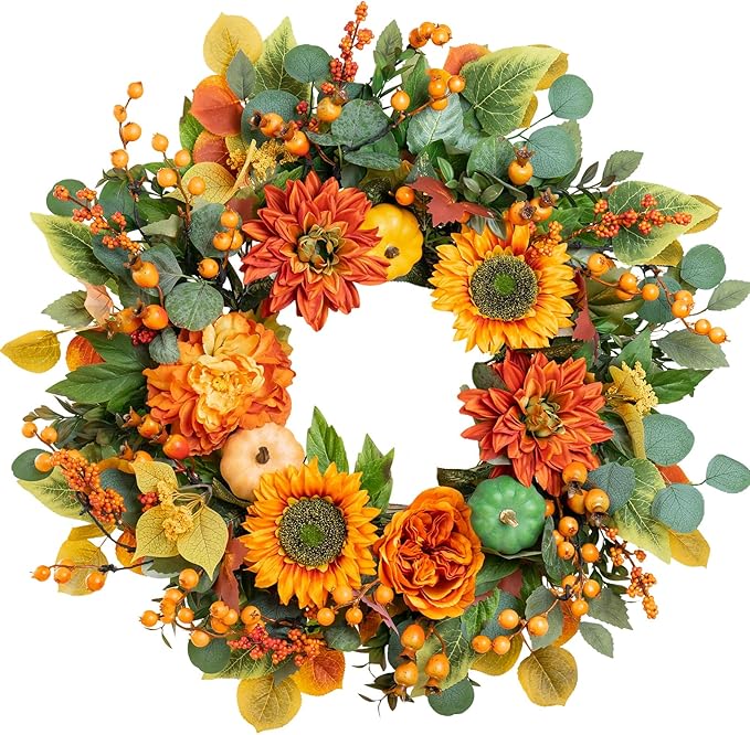 Fall Wreaths for Front Door 24 Inch Autumn Wreath with Sunflowers, Orange Dahlias, Maple Leaves & Berries – Fall Door Wreath for Outdoor or Indoor Thanksgiving Decor