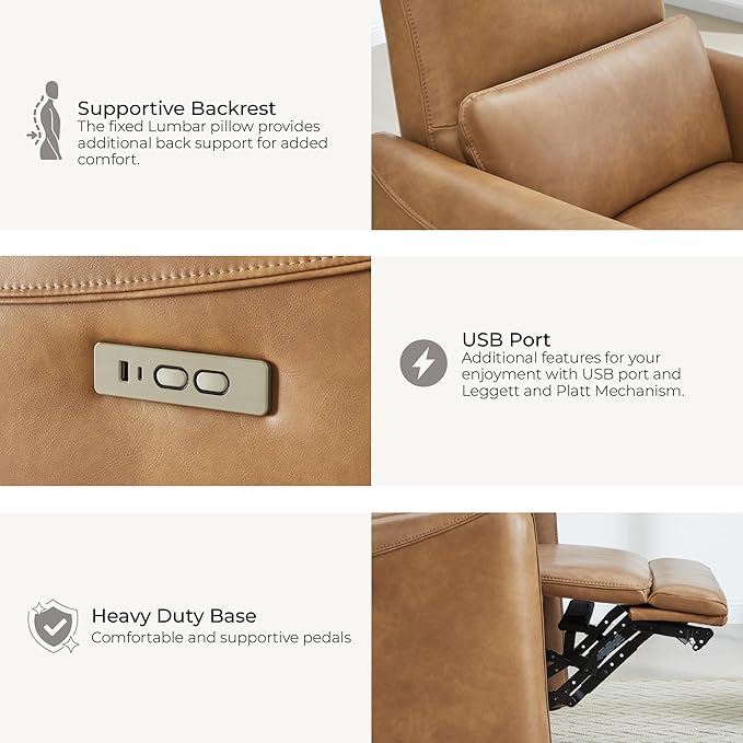 CHITA Power Recliner Chair Swivel Glider, FSC Certified Upholstered Faux Leather Living Room Nursery Reclining Sofa Chair with Lumbar Support, Cognac Brown