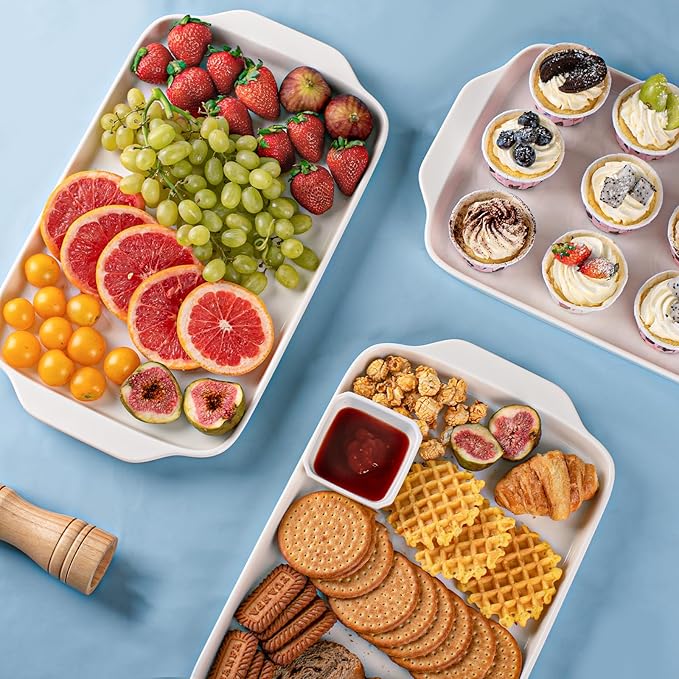 Dizada Large Serving Platter with Handles, 16" x 9" Porcelain Serving Tray, White Rectangular Platters for Entertaining & Serving Food, Serving Trays for Party, Appetizer, Charcuterie - Set of 3