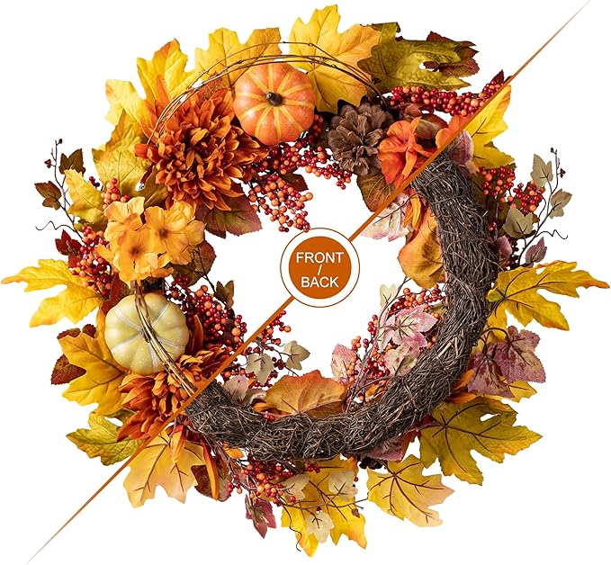 Glitzhome 24 inch Artificial Fall Wreath Decor, Autumn Maple Leaf Wreath for Front Door with Dahlia Pumpkin, Leaf and Berry Wreaths for Autumn Harvest Thanksgiving Halloween Decor