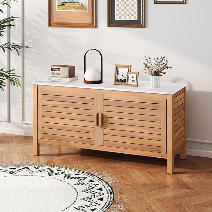Goplus Patio Storage Cabinet, 2-Door Acacia Wood Storage Container with Faux Marble Top, Outdoor Wooden Sideboard for Deck, Garden, Lawn and Backyard