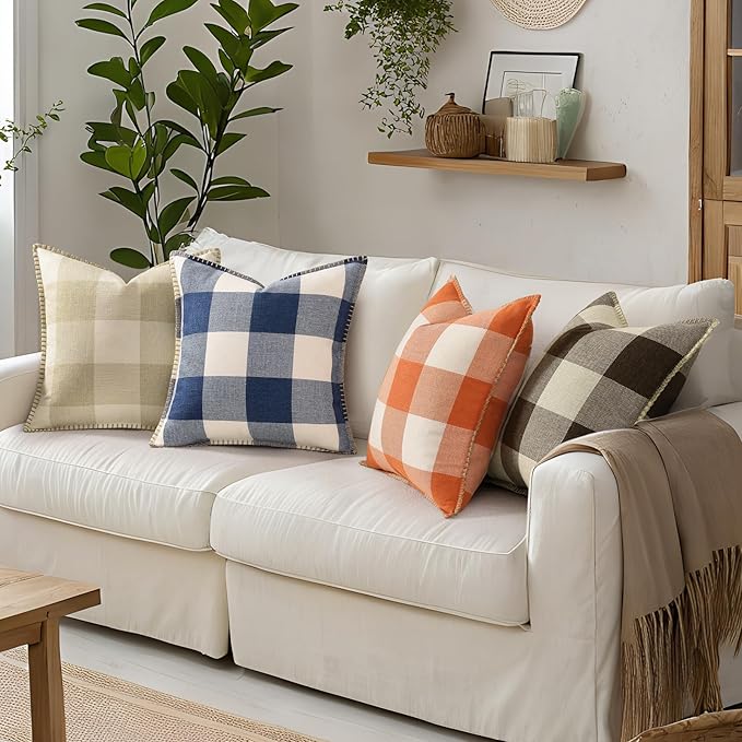 decorUhome Buffalo Plaid Check Fall Throw Pillow Covers 12x20 Set of 2, Outdoor Lumbar Decorative Farmhouse Pillow Covers with Stitched Edge for Bed Couch Sofa, Cream White and Beige