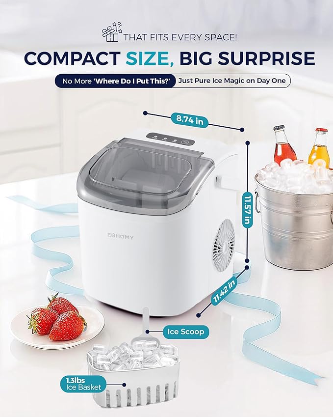 EUHOMY Countertop Ice Maker Machine with Handle, 26lbs Per Day, 9 Ice Cubes Ready in 6 Mins, Auto-Cleaning Portable Ice Maker with Basket and Scoop, for Home/Kitchen/Camping/RV (White)