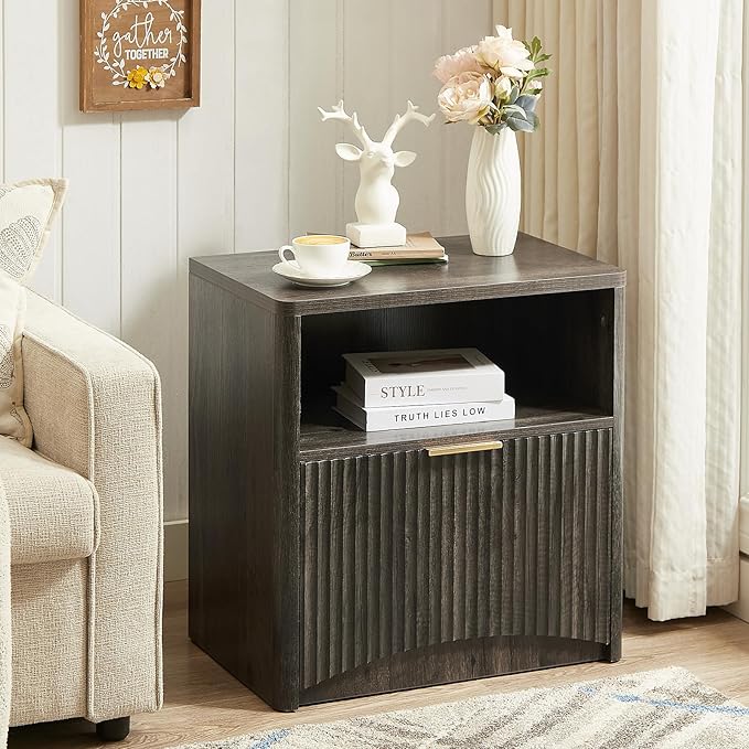 Fluted Nightstand, Dark Grey Bedside Table with Drawer and Storage, Wood End Table Mid Century Modern, Large Night Stand for Bedroom