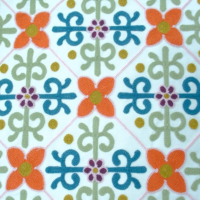 Embroidered Decorative Throw Pillow Cover, 18"x18" Set of 2, Farmhouse Pillowcase Colorful Flower Knit Pattern Cotton Canvas Cushion Case Square Floral Pillow Case for Sofa Couch Bed Living Room