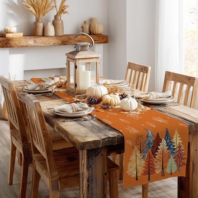 GEEORY Fall Watercolor Trees & Maple Leaves Table Runner 13x48 Inch, Rustic Farmhouse Autumn Thanksgiving Decor for Kitchen, Dining, Indoor/Outdoor Holiday Dinner Party Orange GT158-48