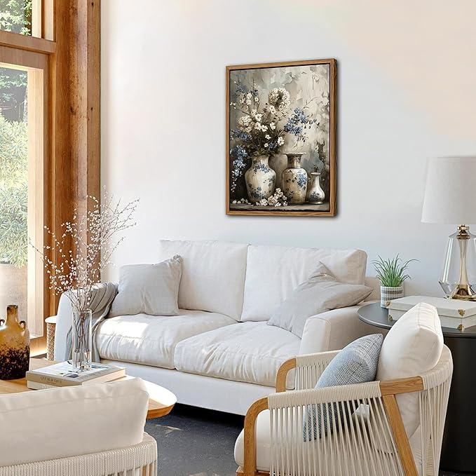 Floating Framed Farmhouse Floral Canvas Wall Art, Vintage Blue and White Flower Pictures Wall Decor, Elegant Art Jar Posters Print for Living Room Bedroom Bathroom Rustic Decor 12x16 inch