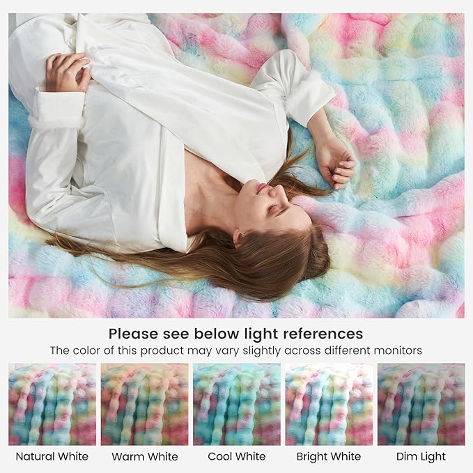 Cozy Bliss Faux Fur Throw Blanket for Couch, Fuzzy Soft Plush Thick Bubble Blanket for Sofa Bedroom Living Room,50 * 60 Inches Tie-dye Rainbow