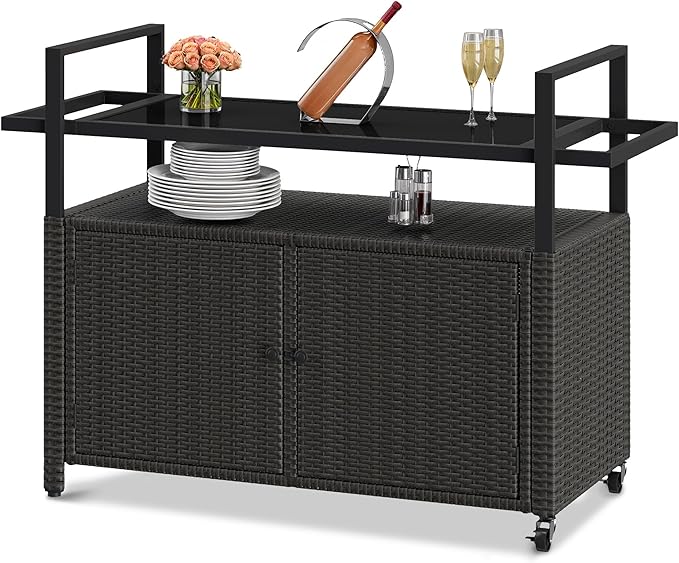 DWVO Patio Bar Table,Outdoor Kitchen Island with Glass Top,Rattan Patio Storage Cabinet with Wheels,Bar Cart for Poolside and Backyard,Black