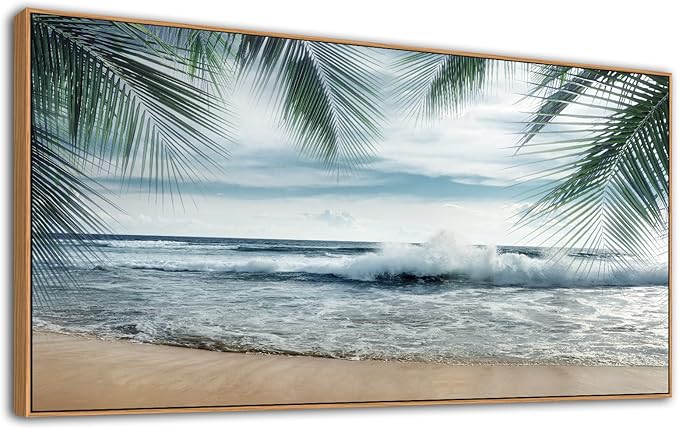 Framed Tropical Beach Wall Art - Ocean Waves Canvas Pictures Coastal Blue Sky and Sea Print Seaside Palm Tree Leaves Scene Painting Artwork Living Room Bedroom Office Home Decor 24" x 48"