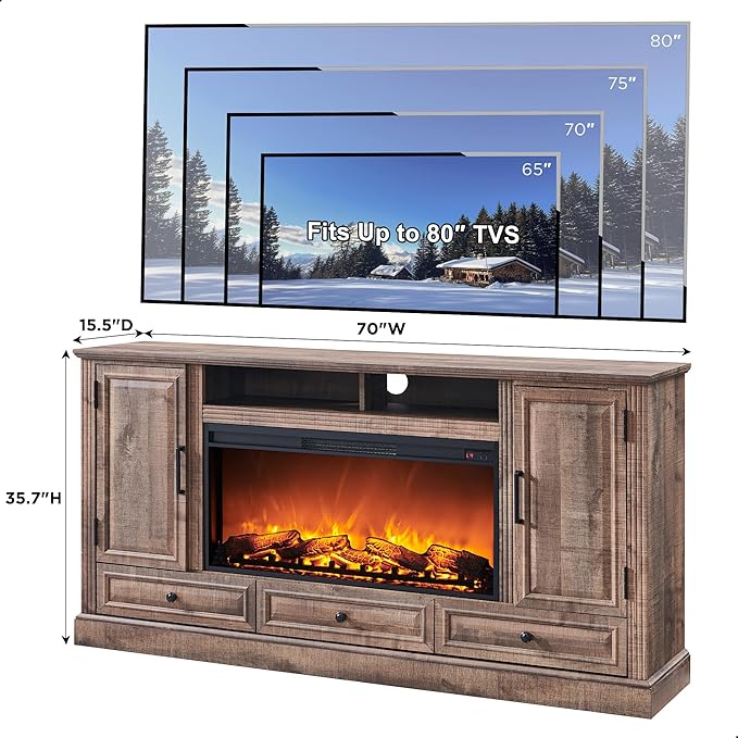Fireplace TV Stand for 80 Inch TV, 35.7" Tall Farmhouse Entertainment Center W/36'' Electric Fireplace, Media Console with Large Storage Cabinets and Drawers for Living Room, Light Brown