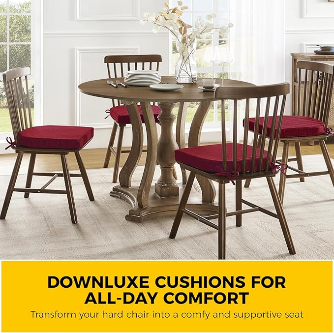 downluxe Indoor Chair Cushions for Dining Chairs, Soft and Comfortable Textured Foam Kitchen Chair Pads with Ties and Non-Slip Backing, 16" x 16" x 2", Red, 6 Pack