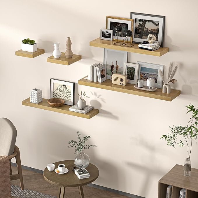 Floating Shelves for Wall, 48" W x 9.3" D x 1.5" H, Wooden Wall Mounted Display Shelves with Invisible Brackets for Living Room, Bedroom, Bathroom, Kitchen Decor and Storage, Set of 1, Oak