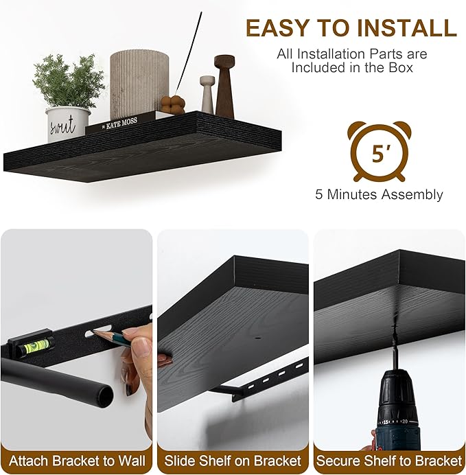 Fun Memories Black Floating Shelves 36 Inch Long, 8 Inch Deep Floating Shelf for Wall, 36" W x 8" D Wall Shelves Set of 2, Black Deep Floating Shelves for Bedroom, Living Room, Kitchen