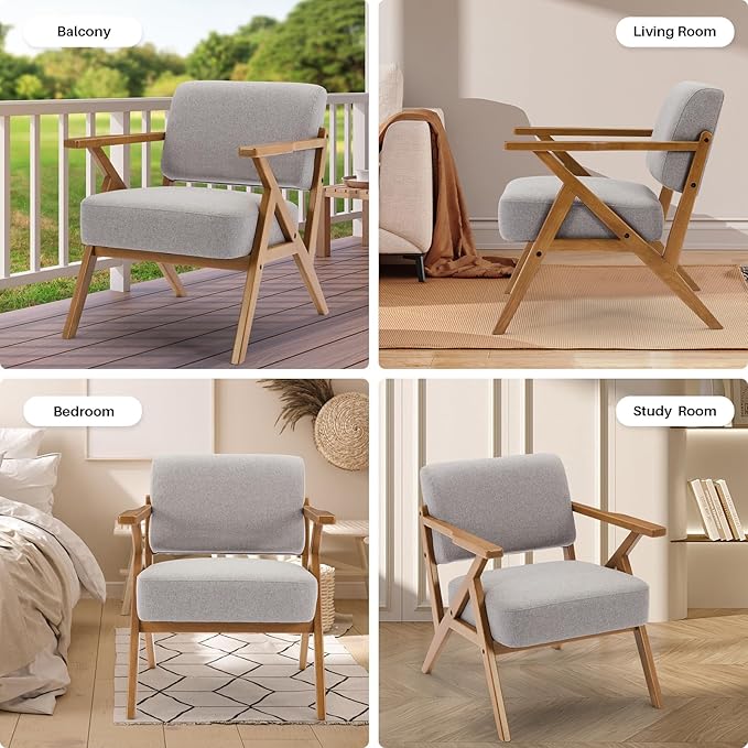 Ergonomic Mid-Century Modern Lounging Armchair | Solid Wood Frame & Plush Thickened Cushion | Versatile Seating for Living Room, Reading Nook & Balcony, Light Grey Linen