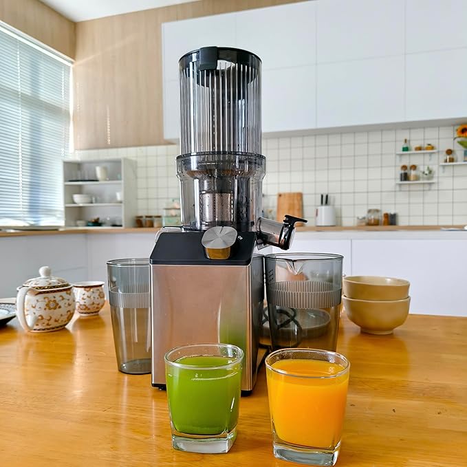 Cold Press Juicer, Juicer Machines with 4.35'' Wide Feed Chute, Stainless Steel Masticating Juicers Easy to Clean, Ergonomic Operational Panel Design, High Juice Yield, Gray Knob