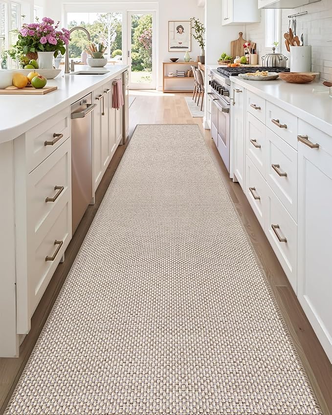 Color&Geometry Door Mat 2'4"x12' Runner Rug with Rubber Backing, Non Slip Washable Hallway Kitchen, Carpet Runners for Hallway Living Room Bedroom, Beige (Rolled-up NO Creases)