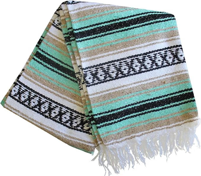 Del Mex Classic Mexican Blanket, Large Authentic Woven Falsa Throw (70"x50"), Artisan Southwest Décor for Beach, Yoga, Outdoors (Mint/Tan)