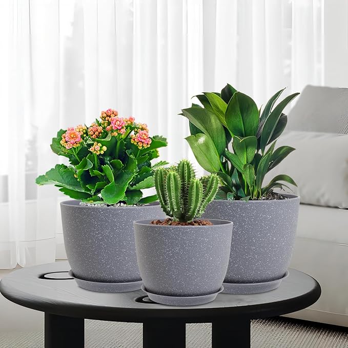 Flower Pots 9/8/7.5inch, Set of 3 Modern Decorative Plastic Planters with Drainage Holes and Saucers for Garden House Plants, Plant Pots for Indoor Outdoor Plants, Speckled Grey